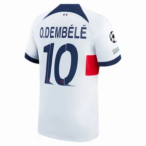 Wicking Interior Layer Drop Shoulder Nike Paris Saint-Germain Ousmane Demb??l?? Away Jersey w/ Champions League Patches 23/24 (White/Midnight Navy)