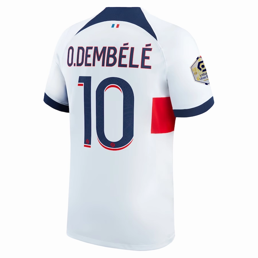 Nike Paris Saint-Germain Ousmane Dembele Away Jersey w/ Ligue 1 Patch 23/24 (White/Midnight Navy) Effortless Style