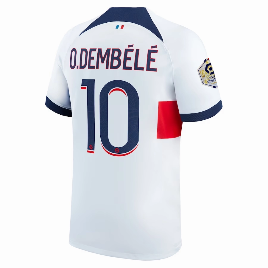 Nike Paris Saint-Germain Ousmane Dembele Away Jersey w/ Ligue 1 Patch 23/24 (White/Midnight Navy) Any Activity Athlete Focus