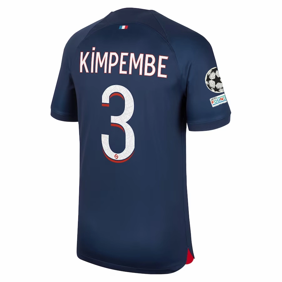 Nike Paris Saint-Germain Presnel Kimpembe Home Jersey w/ Champions League Patches 23/24 (Midnight Navy) Layered Panel Design Hygroscopic Fiber Blend