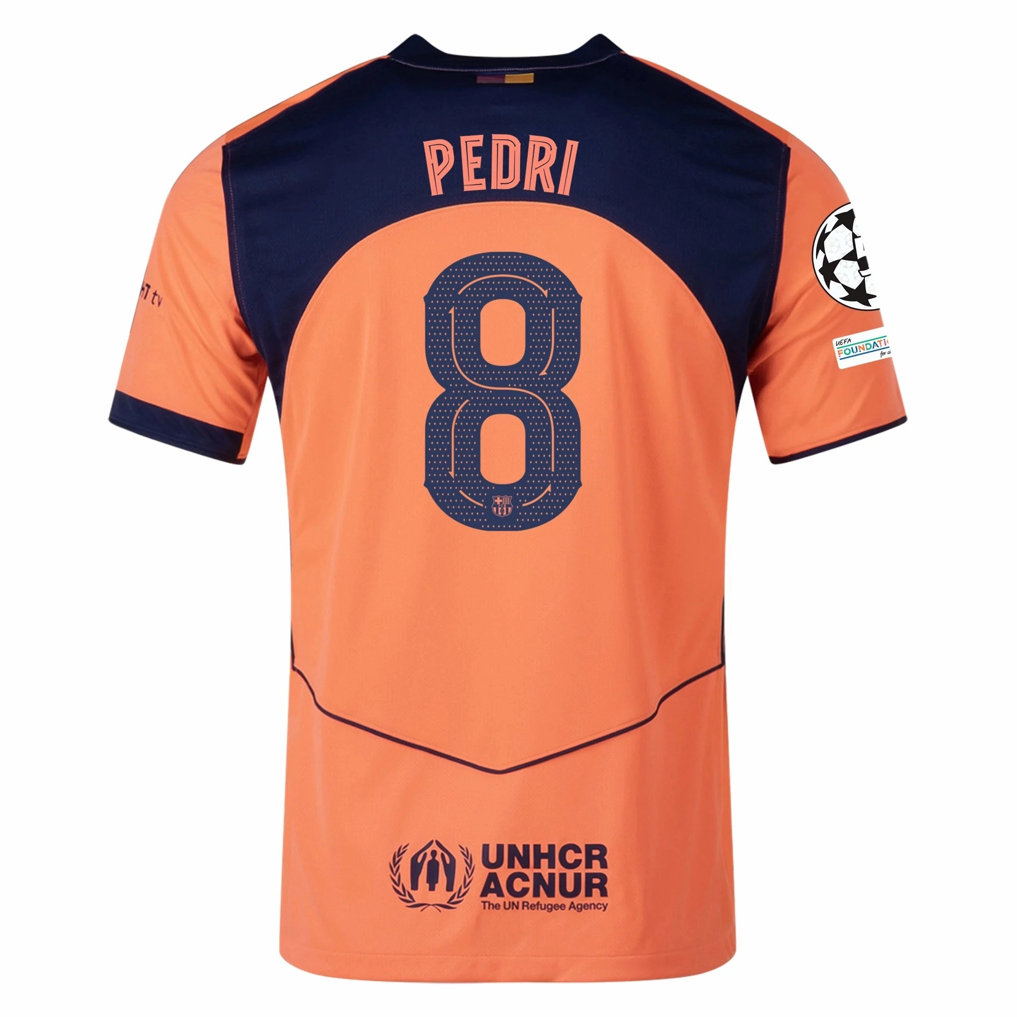 Nike Pedri Men's FC Barcelona T90 Third Jersey 25/26 w/ Champions League Patches (Mango/Navy) Rush Ready