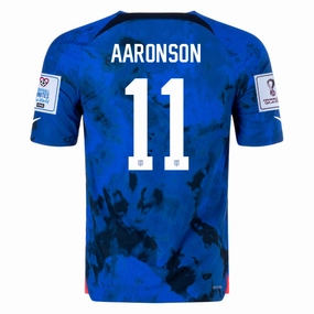 Strategic Perforation Design Breathable Sportswear Fabric Nike United States Brendan Aaronson Authentic Match Away Jersey 22/23 w/ World Cup 2022 Patches (Bright Blue/White)