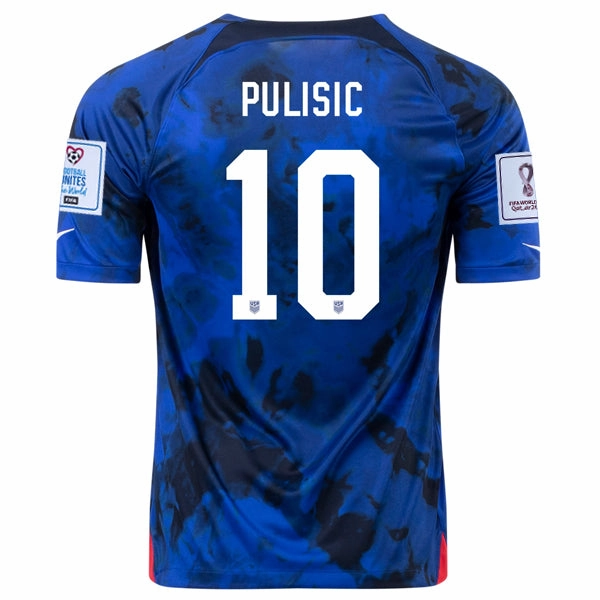 Nike United States Christian Pulisic Away Jersey 22/23 w/ World Cup 2022 Patches (Bright Blue/White) Layered Mesh Inserts Odor Resistant Finish