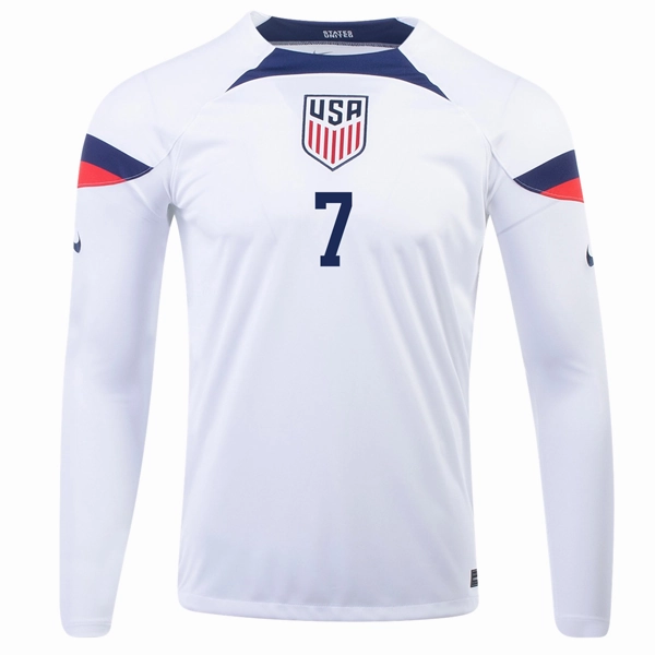 Nike United States Gio Reyna Home Long Sleeve Jersey 22/23 (White/Loyal Blue) Moisture Transfer Rapid Evaporation Build