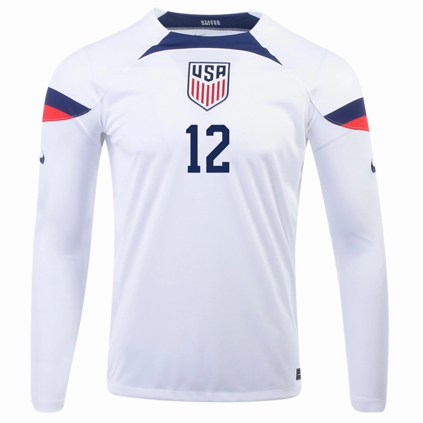 Nike United States Miles Robinson Home Long Sleeve Jersey 22/23 (White/Loyal Blue) Double Stitched Seams Hybrid Ply Construction