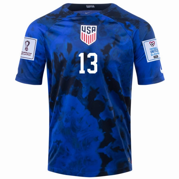 Nike United States Morris Away Jersey 22/23 w/ World Cup 2022 Patches (Bright Blue/White) Training Ready Gear