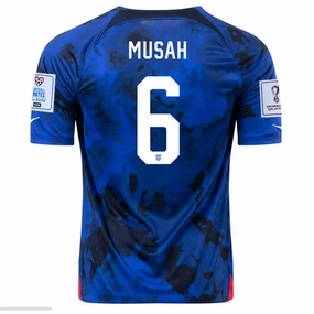 Nike United States Musah Away Jersey 22/23 w/ World Cup 2022 Patches (Bright Blue/White) Tagless Label Design Moisture Wicking Design