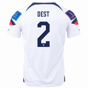 Nike United States Sergino Dest Home Jersey 22/23 w/ World Cup 2022 Patches (White/Loyal Blue) Body Flex Rolling Storage Pocket