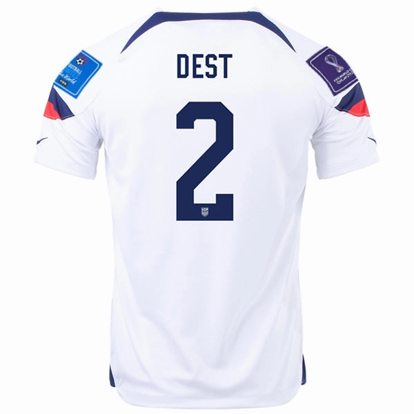 Nike United States Sergino Dest Home Jersey 22/23 w/ World Cup 2022 Patches (White/Loyal Blue) Body Flex Rolling Storage Pocket