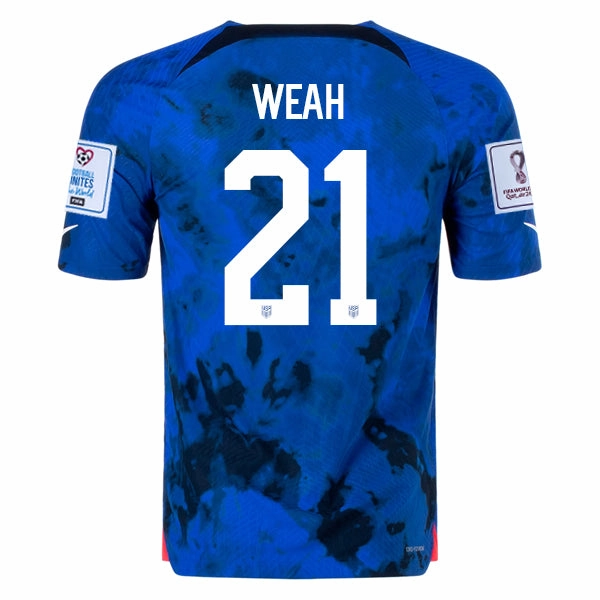 Layered Thermal Protection Nike United States Timothy Weah Authentic Match Away Jersey 22/23 w/ World Cup 2022 Patches (Bright Blue/White)