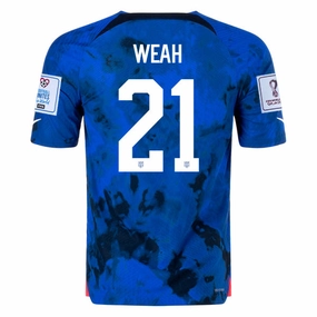 Layered Thermal Protection Nike United States Timothy Weah Authentic Match Away Jersey 22/23 w/ World Cup 2022 Patches (Bright Blue/White)