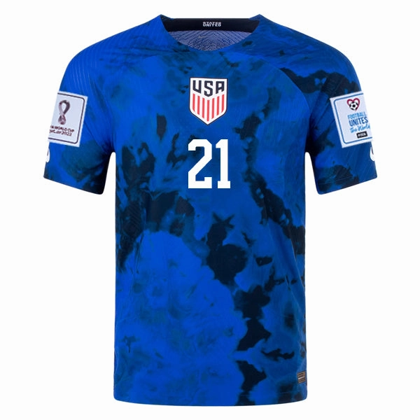 Nike United States Timothy Weah Authentic Match Away Jersey 22/23 w/ World Cup 2022 Patches (Bright Blue/White) Everyday Flex