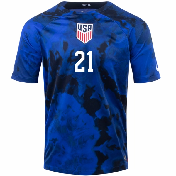 Nike United States Timothy Weah Away Jersey 22/23 (Bright Blue/White) Quick Comfort Breathable Back Vents