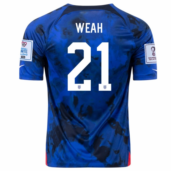 Raglan Sleeve Construction Nike United States Timothy Weah Away Jersey 22/23 w/ World Cup 2022 Patches (Bright Blue/White)
