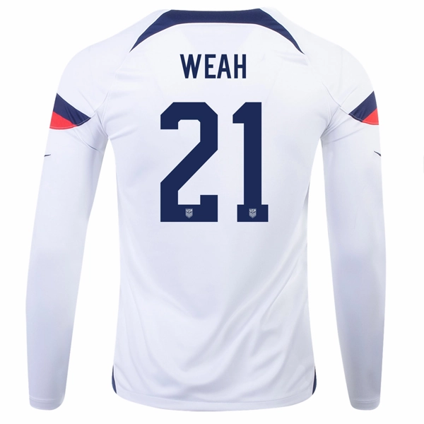 Nike United States Timothy Weah Home Long Sleeve Jersey 22/23 (White/Loyal Blue) Bonded Stitch Details