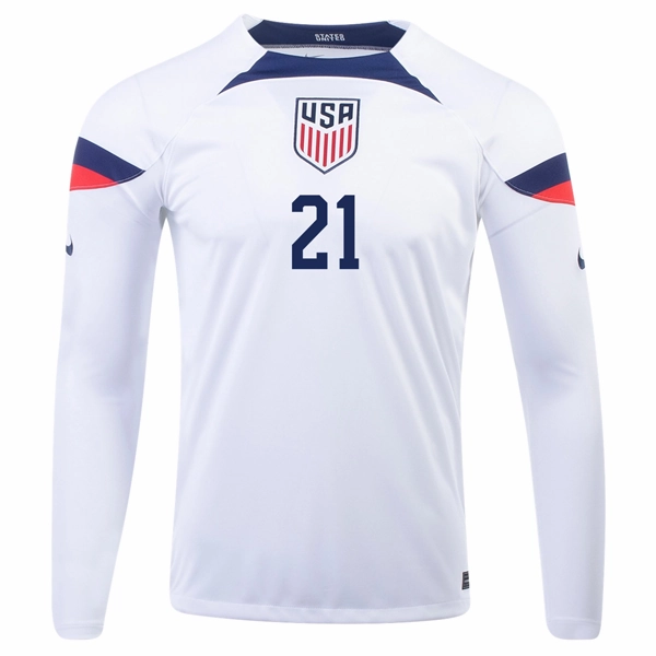 Casual Style Elasticized Cuffs Nike United States Timothy Weah Home Long Sleeve Jersey 22/23 (White/Loyal Blue)