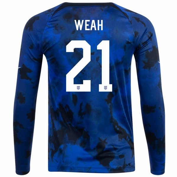 Nike United States Timothy Weah Long Sleeve Away Jersey 22/23 (Bright Blue/White) Microfiber Blend