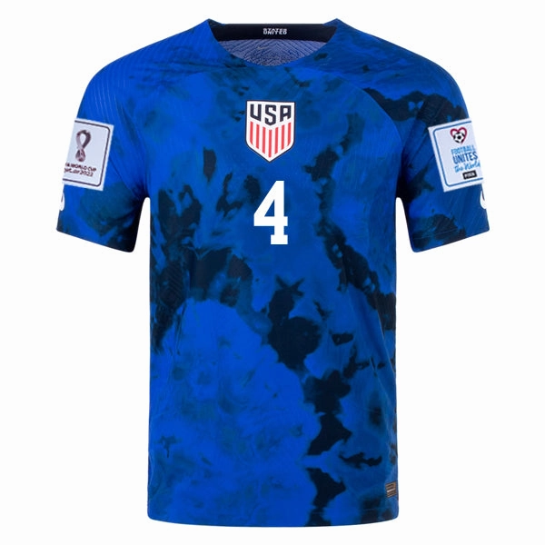 Moisture Wicking Design Nike United States Tyler Adams Authentic Match Away Jersey 22/23 w/ World Cup 2022 Patches (Bright Blue/White)