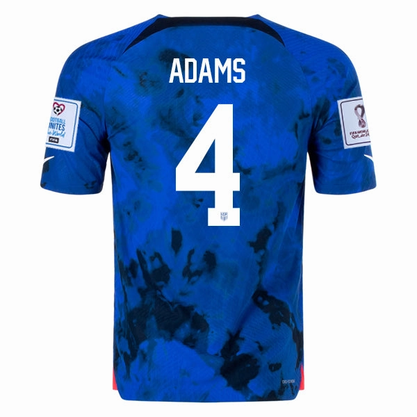 Nike United States Tyler Adams Authentic Match Away Jersey 22/23 w/ World Cup 2022 Patches (Bright Blue/White) Bonded Armhole Frames Action Gear