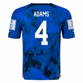 Nike United States Tyler Adams Authentic Match Away Jersey 22/23 w/ World Cup 2022 Patches (Bright Blue/White) Bonded Armhole Frames Action Gear