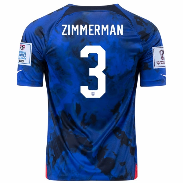 Dynamic Movement Adaptation Rush Ready Nike United States Zimmerman Away Jersey 22/23 w/ World Cup 2022 Patches (Bright Blue/White)