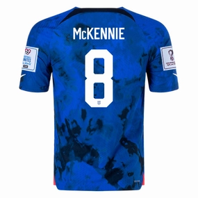 Comfortable Gear Layered Thermal Protection Nike United States Weston McKennie Authentic Match Away Jersey 22/23 w/ World Cup 2022 Patches (Bright Blue/White)