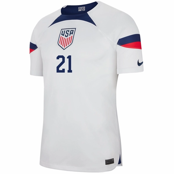 Nike United States Authentic Match Timothy Weah Home Jersey 22/23 (White/Loyal Blue) Multi Panel Construction Game Day