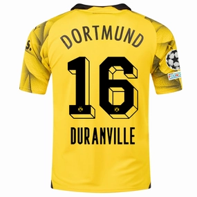 Puma Mens Borussia Dortmund Julien Duranville Third Jersey w/ Champions League Patches 23/24 (Cyber Yellow/Puma Black) Stretch Knit Technology