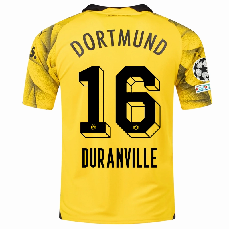 Puma Mens Borussia Dortmund Julien Duranville Third Jersey w/ Champions League Patches 23/24 (Cyber Yellow/Puma Black) Double Layered Edging Breathable Jersey Material