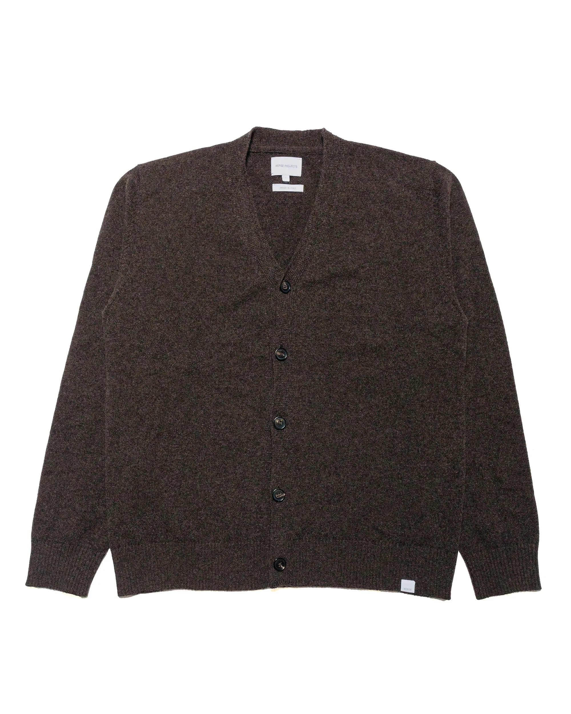 Practical Wear slim cut Norse Projects Standard Merino Lambswool Cardigan Heathland Brown