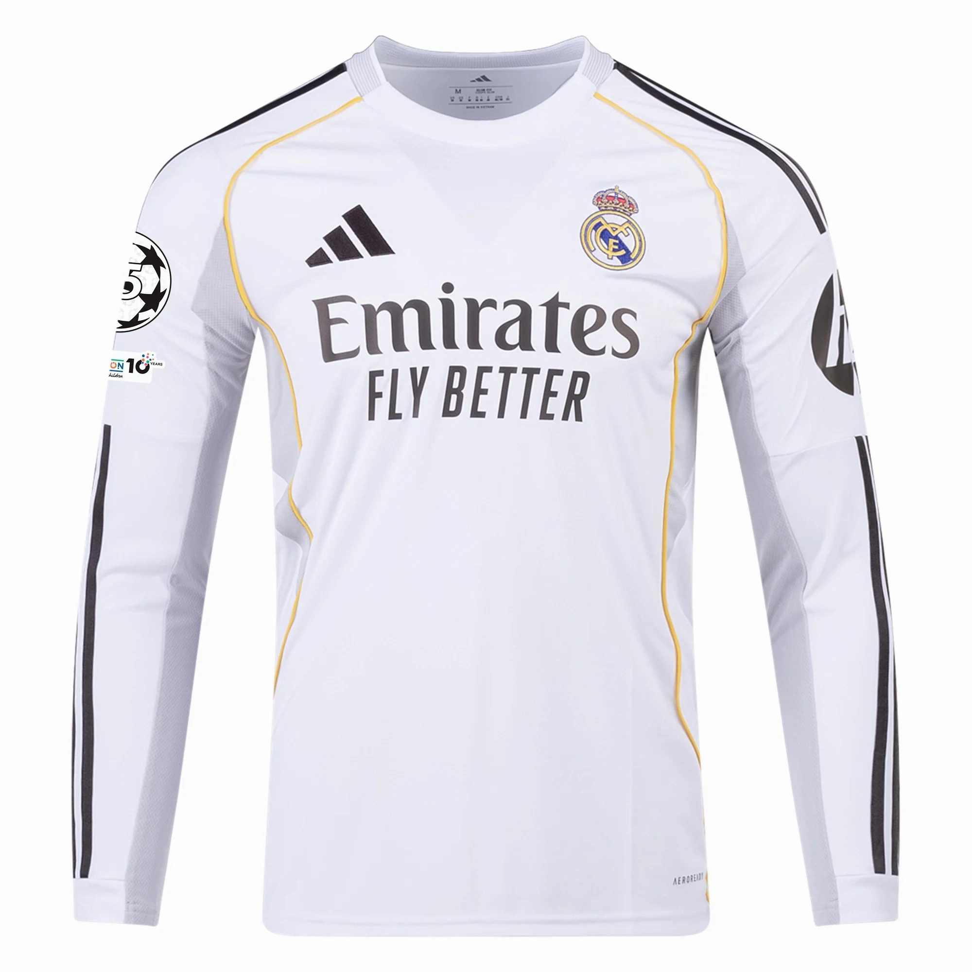 adidas Real Madrid Long Sleeve Home Jersey w/ Champions League Patches 25/26 (White) Flattering Drop Shoulder Lockstitch Detailing