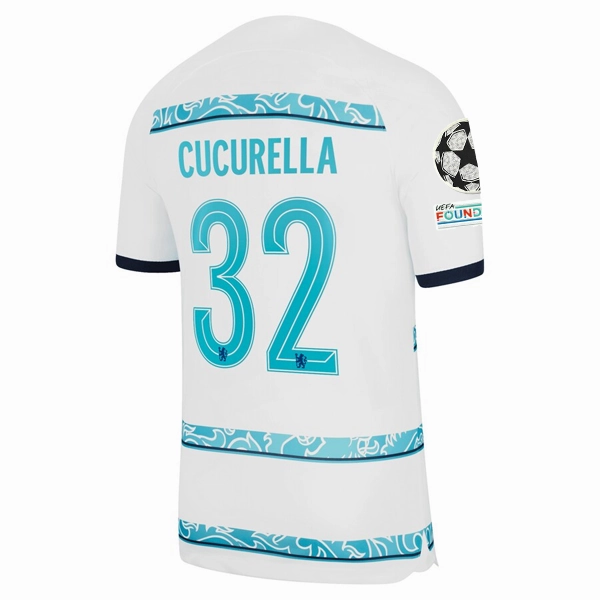Nike Chelsea Cucurella Away Jersey w/ Champions League   Club World Cup Patches 22/23 (White/College Navy) Bonded Seamless