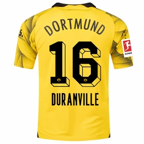 Puma Mens Borussia Dortmund Julien Duranville Third Jersey w/ Bundesliga Patch 23/24 (Cyber Yellow/Puma Black) Active Weekend Quick Release Hem