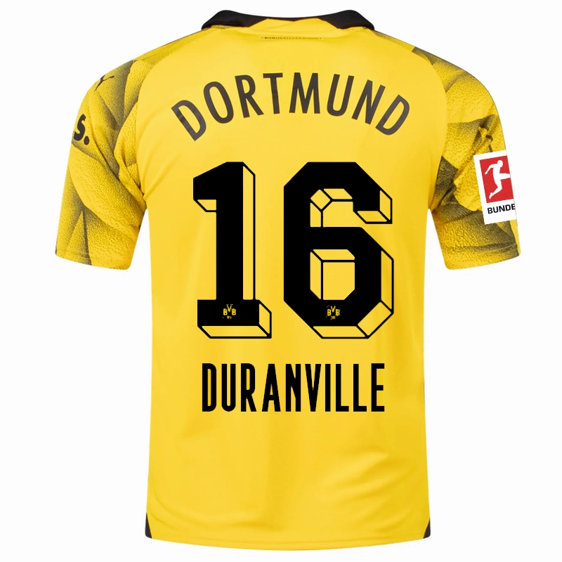 Puma Mens Borussia Dortmund Julien Duranville Third Jersey w/ Bundesliga Patch 23/24 (Cyber Yellow/Puma Black) Active Weekend Quick Release Hem