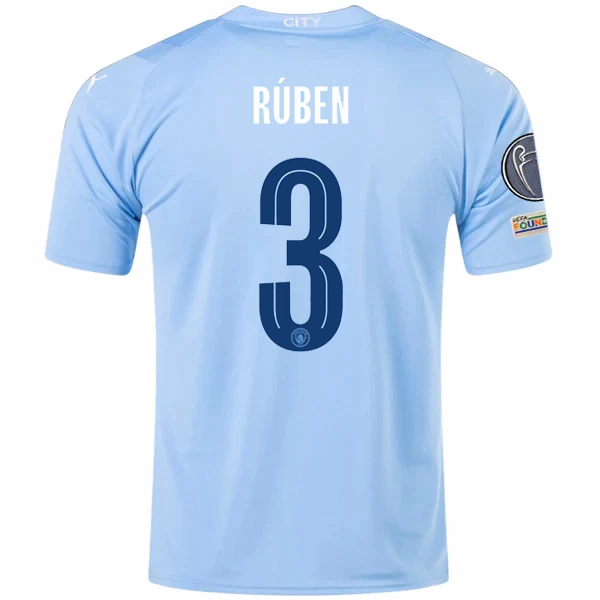 Puma Manchester City Ruben Dias Home Jersey w/ Champions League   Club World Cup Patches 23/24 (Team Light Blue/Puma White) Elastic Cuff Retention