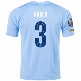 Compact Knit Texture Speed Fit Puma Manchester City Ruben Dias Home Jersey w/ Champions League   Club World Cup Patches 23/24 (Team Light Blue/Puma White)
