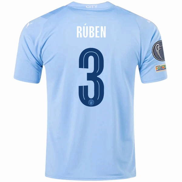 Effortless Style Vapor Transfer Fabric Puma Manchester City Ruben Dias Home Jersey w/ Champions League   Club World Cup Patches 23/24 (Team Light Blue/Puma White)