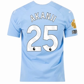 Garment Dyed Colorfastness Puma Manchester City Authentic Akanji Home Jersey w/ EPL   No Room For Racism   Club World Cup Patches 23/24 (Team Light Blue/Puma White)