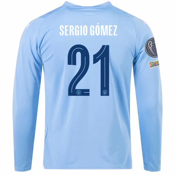 Puma Manchester City Segio Gomez Home Long Sleeve Jersey w/ Champions League   Club World Cup Patches 23/24 (Team Light Blue/Puma White) Comfort Stretch Fit Seamless Stitching Design
