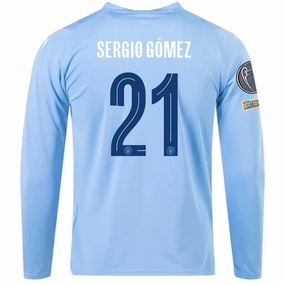Modern Look Puma Manchester City Segio Gomez Home Long Sleeve Jersey w/ Champions League   Club World Cup Patches 23/24 (Team Light Blue/Puma White)