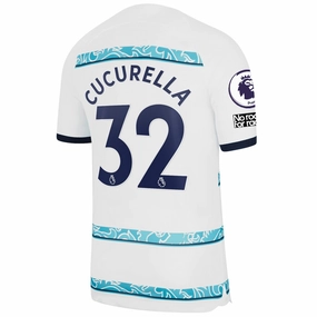 Nike Chelsea Marc Cucurella Away Jersey w/ EPL   Club World Cup Patches 22/23 (White/College Navy) Tactile Surface Weave Customizable Fit System