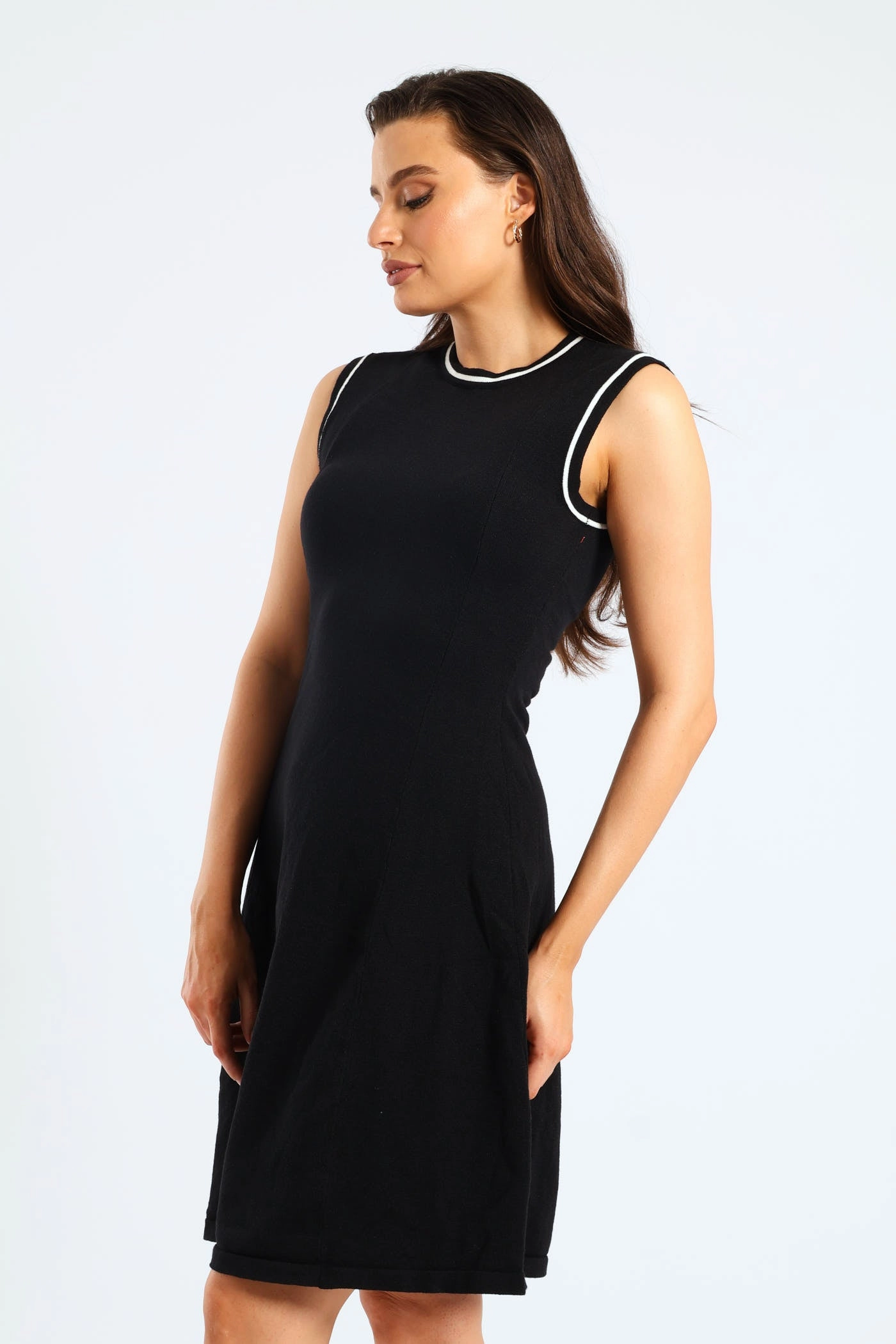 Panelled Tipped Skater Knitwear Dress - Black Gentle Flow Sleeveless Cut