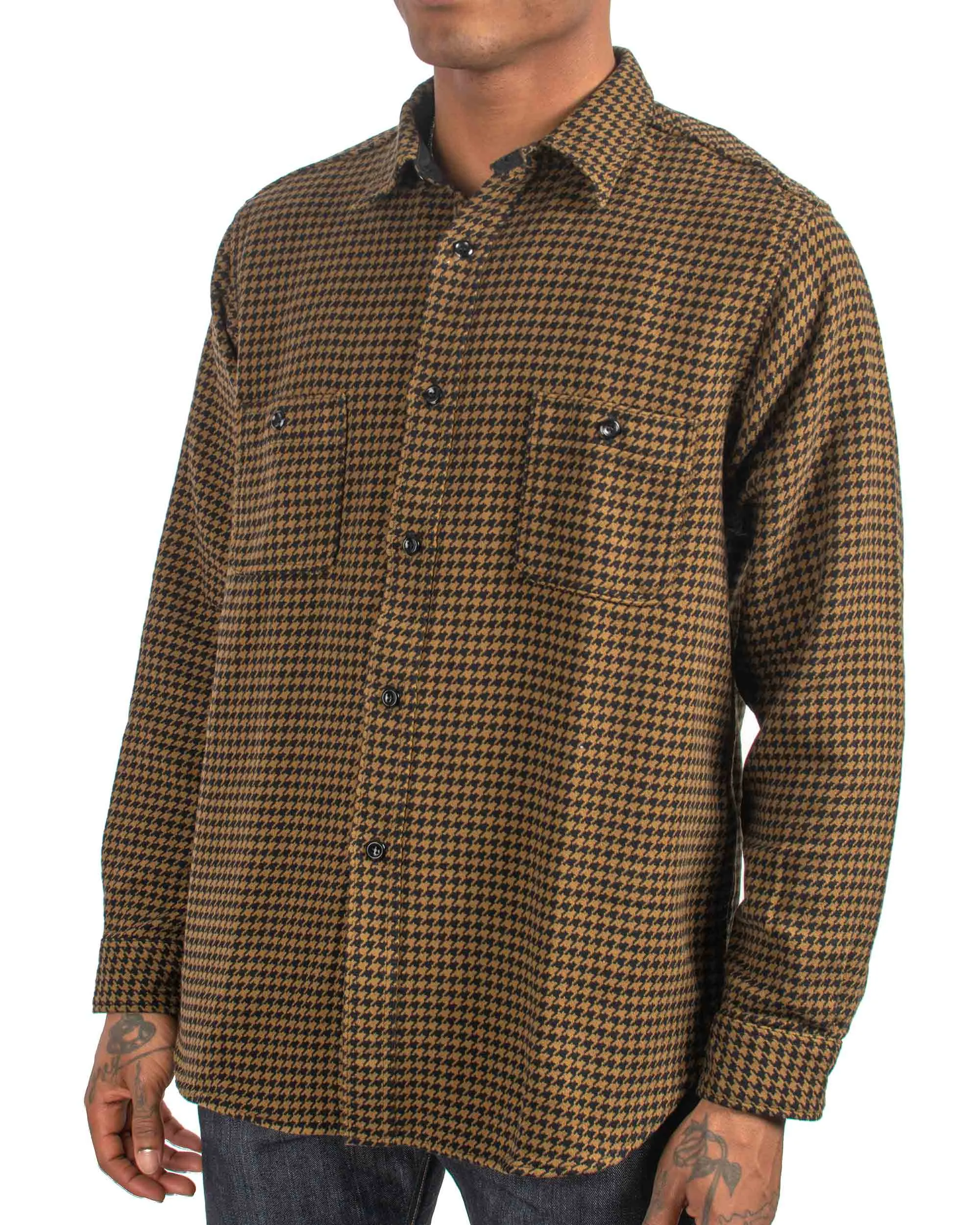 The Real McCoy's MS21102 8HU Houndstooth Flannel Shirt Mustard No Slip Shoulder Grips