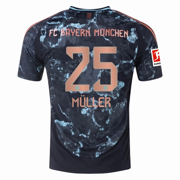 adidas Bayern Munich Thomas Mueller Away Jersey w/ Bundesliga Patch 24/25 (Black/Copper/Blue) Breathable Base UV Protective Coating