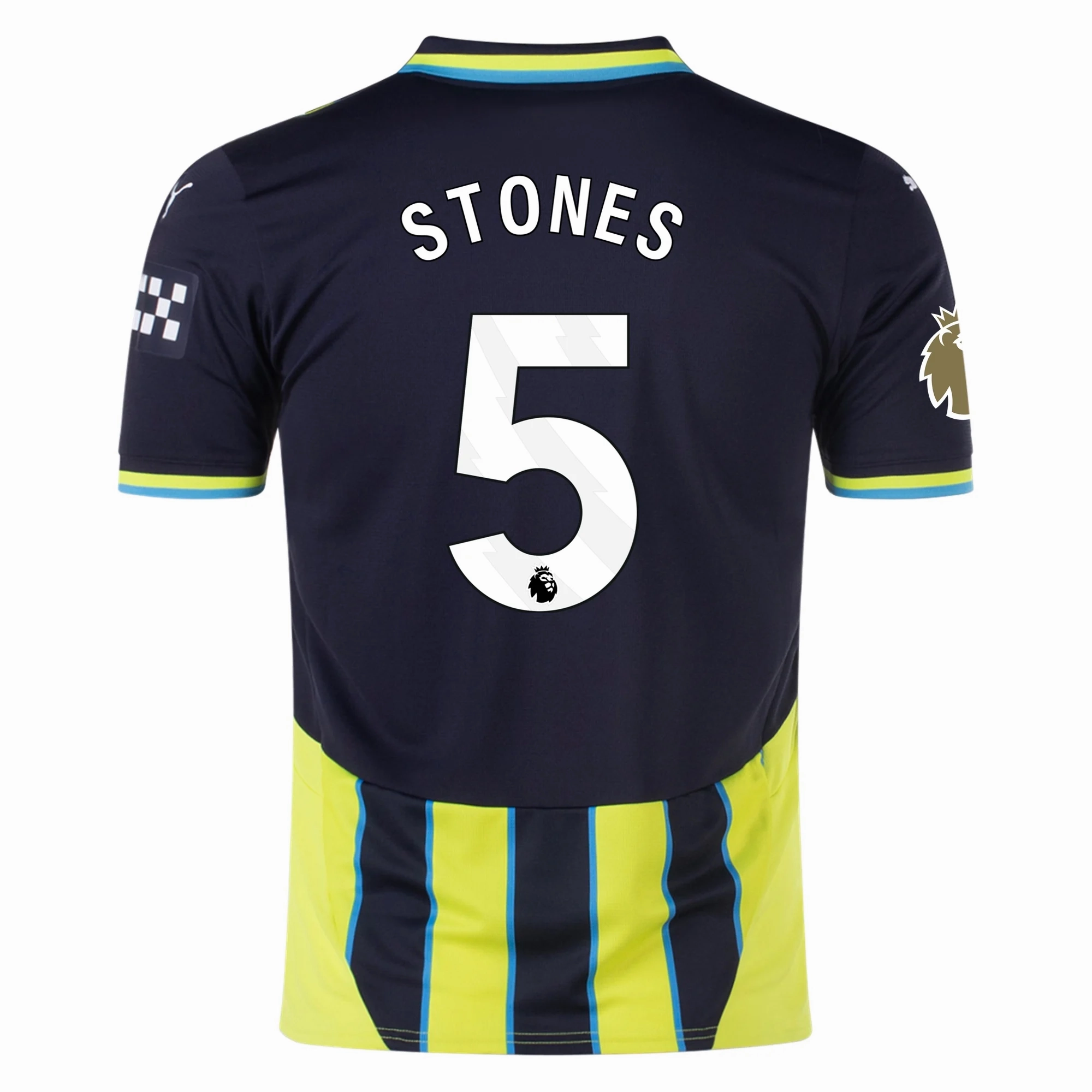 Puma Manchester City John Stones Away Jersey w/ EPL   Club World Cup Patch 24/25 (New Navy/Yellow Glow) Yarn Dye Pattern Eco Friendly Recycled Material