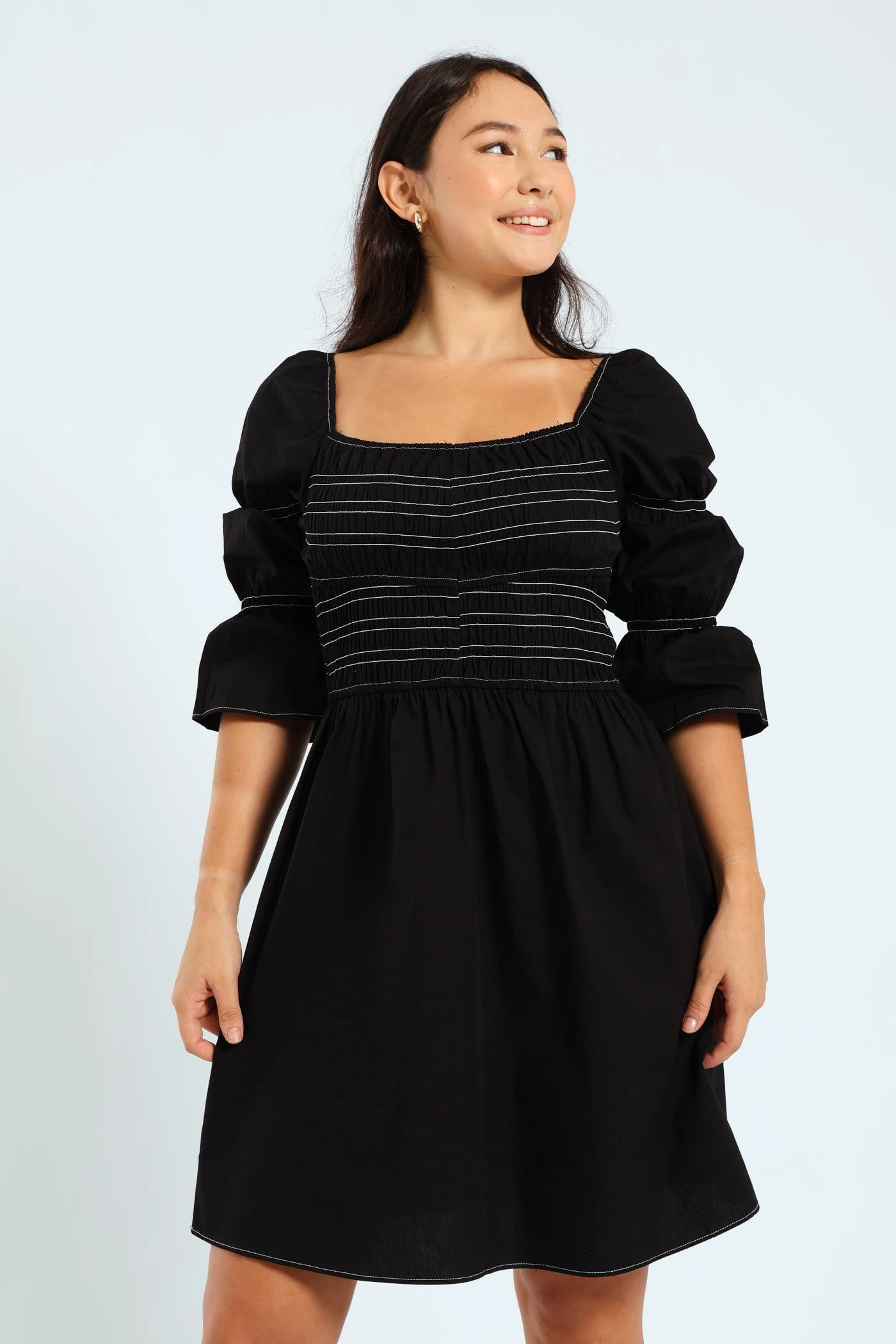 Satin Soft Day To Night 3/4 Center Stitch Smocked Mini Dress