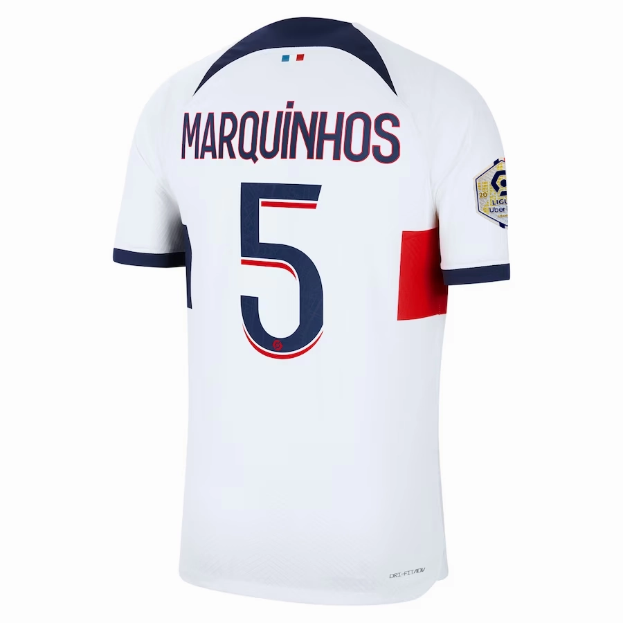 Nike Paris Saint-Germain Authentic Marquinhos Match Vaporknit Away Jersey w/ Ligue 1 Patch 23/24 (White/Midnight Navy) Form Fit