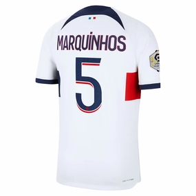 Nike Paris Saint-Germain Authentic Marquinhos Match Vaporknit Away Jersey w/ Ligue 1 Patch 23/24 (White/Midnight Navy) Minimal Design Ventilated Mesh Panel