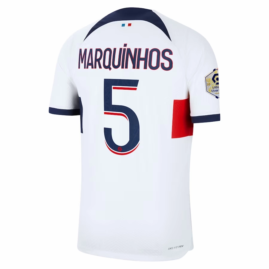 Nike Paris Saint-Germain Authentic Marquinhos Match Vaporknit Away Jersey w/ Ligue 1 Patch 23/24 (White/Midnight Navy) Minimal Design Ventilated Mesh Panel