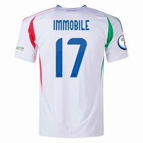 Durable Polyester Blend Compression Fit Engineering adidas Italy Ciro Immobile Away Jersey w/ Euro 2024 Patches 24/25 (Blue)